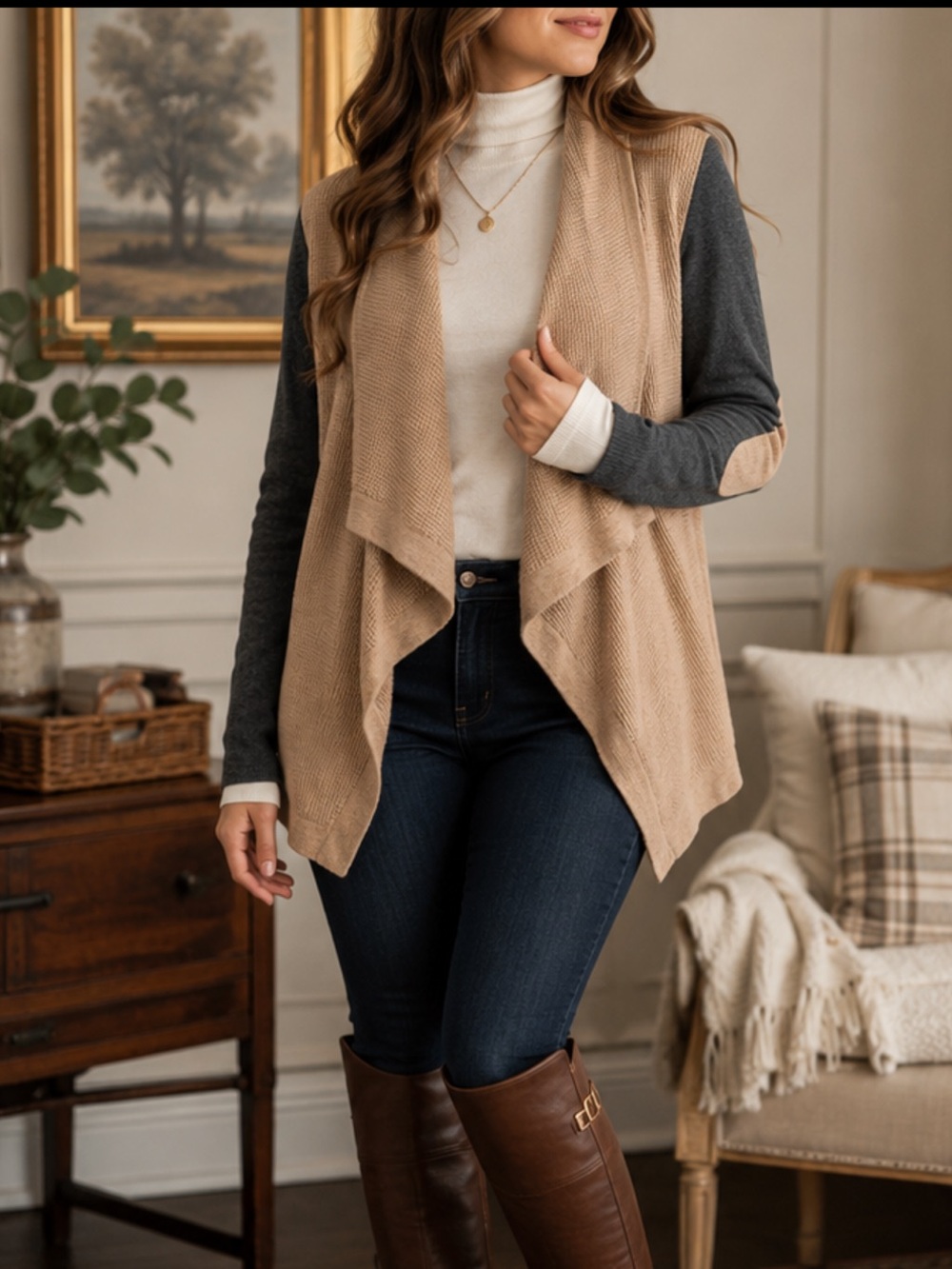 Stylus Open Front Draped Cardigan Beige Gray Elbow Patch Knit Sweater Medium